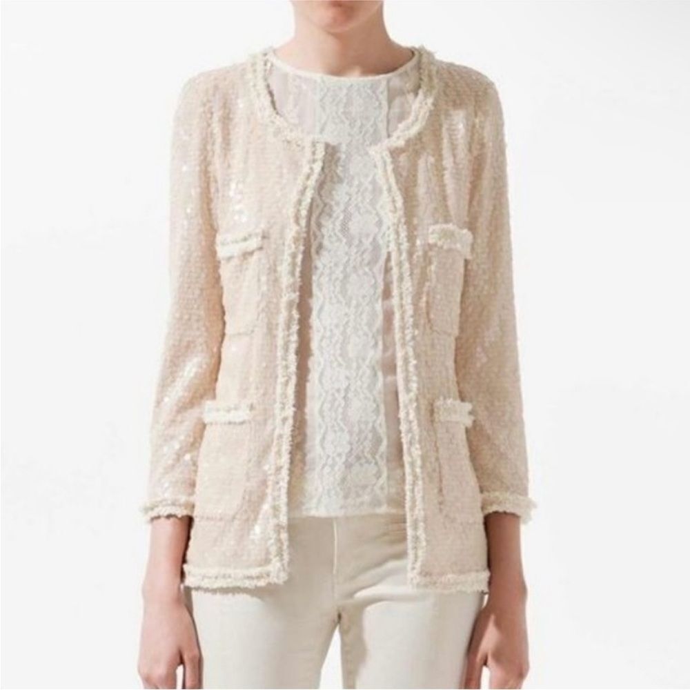 ZARA | Cream Sequin Tweed Trim Single Hook Jacket Cardigan Women’s Size X-Small